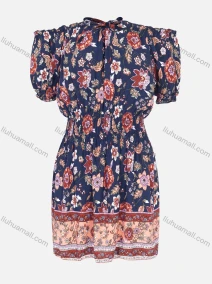Wholesale Women's Casual Off Shoulder Short Sleeve Tie Front Pleated Floral Print Short Dress, LIUHUA CLOTHING WHOLESALE
