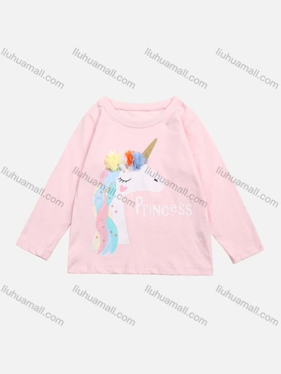 Wholesale Girls' Fall 100%Cotton Round Neck Long Sleeve Unicorn Print Tee