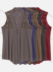 Wholesale Woman's Casual V Neck Sleeveless Frog Button Guipure Lace Plain Cardigan, LIUHUA CLOTHING WHOLESALE