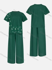 Wholesale Women's Round Neck Eyelet Embroidered Splicing Pleated Blouse&Elastic Waist Wide Leg Pants 2 Pieces Set, LIUHUA CLOTHING WHOLESALE