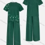 Wholesale Women's Round Neck Eyelet Embroidered Splicing Pleated Blouse&Elastic Waist Wide Leg Pants 2 Pieces Set preview