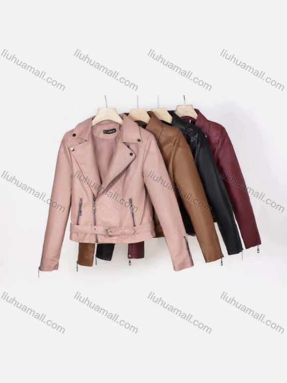 Wholesale Women's Casual Lapel Long Sleeve Zipper Plain Leather Crop Biker Jacket