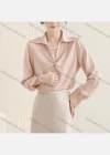 Wholesale Women's Fashion V Neck Long Sleeve Pearl Decor Twist Plain Shirts - Liuhuamall