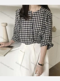 Wholesale Women's Casual Long Sleeve Crew Neck Button Down Plaid Print Tops, LIUHUA CLOTHING WHOLESALE