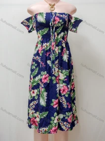 Wholesale Women's Casual Floral Print Shirred Off Shoulder Lace Up Ruffle Hem Midi Dress, LIUHUA CLOTHING WHOLESALE