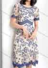 Wholesale Women's Elegant High Waist Crew Neck Short Sleeve Sheer Mesh Allover Embroidery Knee Length Dress - Liuhuamall
