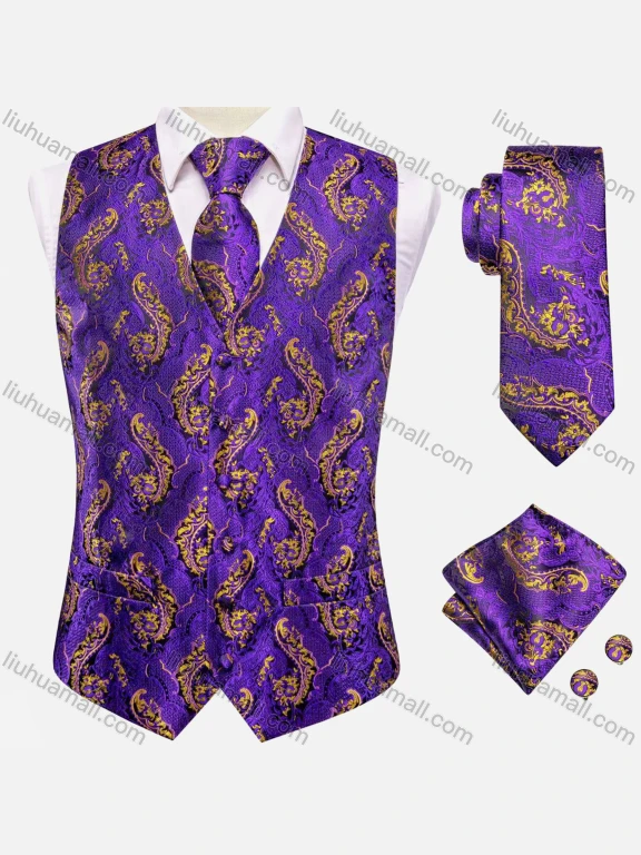 Wholesale Men's Formal Paisley Print Silky Waistcoat With Necktie & Kerchief & Cufflinks 4-piece Set