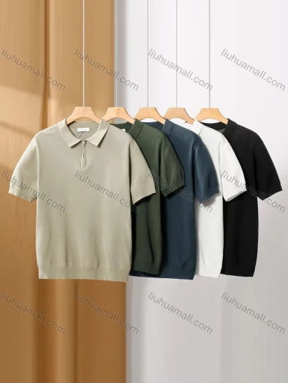 Wholesale Men's Casual Plain Collared Quarter Zip Short Sleeve Henley Shirt E75009#