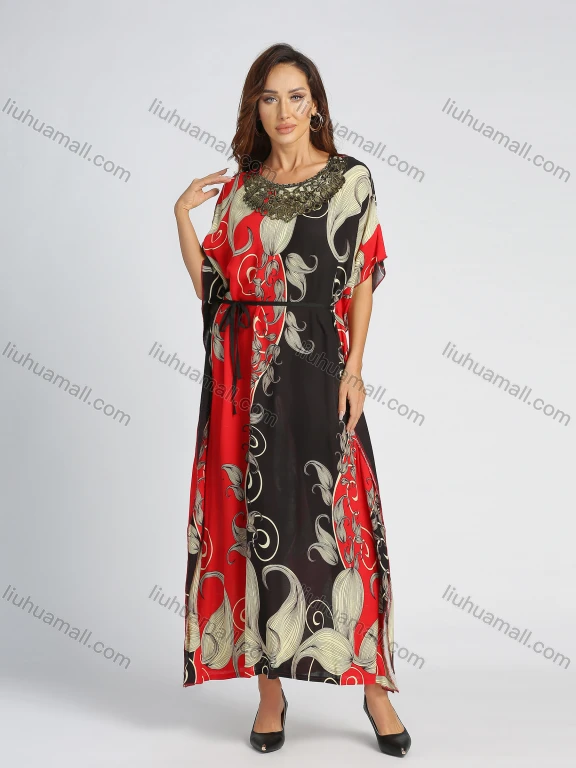 Wholesale Women's Casual Colorblock Vintage Print Batwing Sleeve Belted Maxi Kaftan