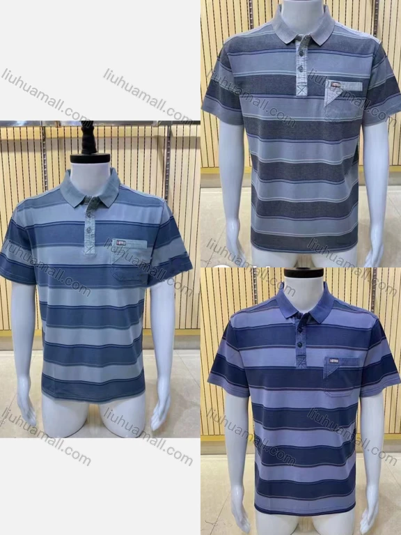 Wholesale Men's Casual Short Sleeve Sleeve Button Front Distressed Striped Polo Shirts