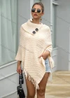 Wholesale Women's 3/4 Sleeve Round Neck Button Decor Fringe Trim Knit Cape - Liuhuamall
