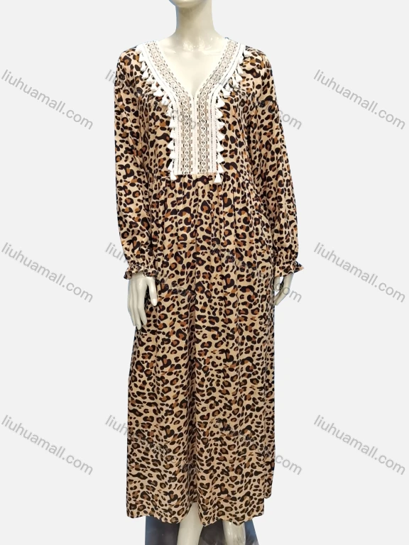 Wholesale Women's Casual V Neck Leopard Print Tassel Embroidered Trim Maxi Dress