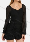 Wholesale Women's Casual Sweetheart See Through Sleeve Ruffle Hem Shirred Short Dress 8764# - Liuhuamall