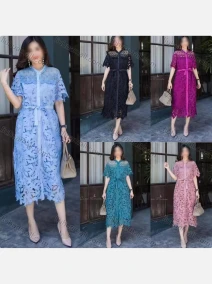 Wholesale Women's Elegant Plain Button Down Hollow Out Beaded Splicing Short Sleeve Midi Dress With Belt, LIUHUA CLOTHING WHOLESALE
