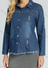 Wholesale Women's Distressed Washed Ripped Button Down Long Sleeve Top Frayed Raw Hem Denim Shirt - Liuhuamall