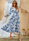 Wholesale Women's Casual & Fashion Floral Print Wrap V Neck Long Sleeve Ruffle Hem Midi Dress With Belt - Liuhuamall