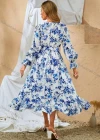 Wholesale Women's Casual & Fashion Floral Print Wrap V Neck Long Sleeve Ruffle Hem Midi Dress With Belt - Liuhuamall