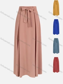 Wholesale Women's Casual Plain Ruched Bow Knot High Waist Maxi Skirt With Belt, LIUHUA CLOTHING WHOLESALE