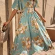Wholesale Women's Casual Floral Print Wrap V Neck Short Sleeve Shirred Ruffle Hem Midi Dress Cyan Clothing Wholesale Market Liuhua