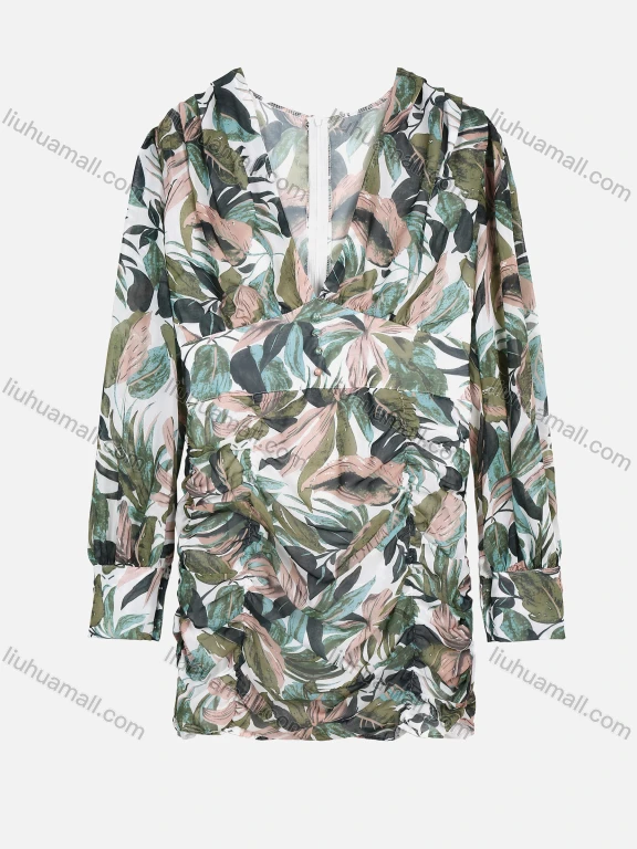 Wholesale Women's Deep V Neck Button Decor Zipper Back Slim Waist Floral Print Dress