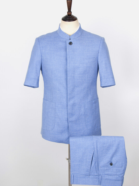 Men's Plain Button Front Short Sleeve Patch Pocket Chinese Tunic Suit & Pants 2-Piece Sets BV220305#, Clothing Wholesale Market -LIUHUA, MEN, Sets
