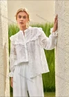 Wholesale Women's Retro Mock Neck Poet Sleeve Guipure Lace Ruffle Trim Swiss Dot Plain Blouse AY207# - Liuhuamall