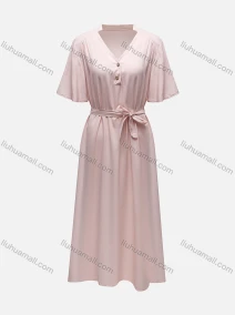 Wholesale Women's V Neck Short Sleeve Button Front Midi Dress With Belt, LIUHUA CLOTHING WHOLESALE