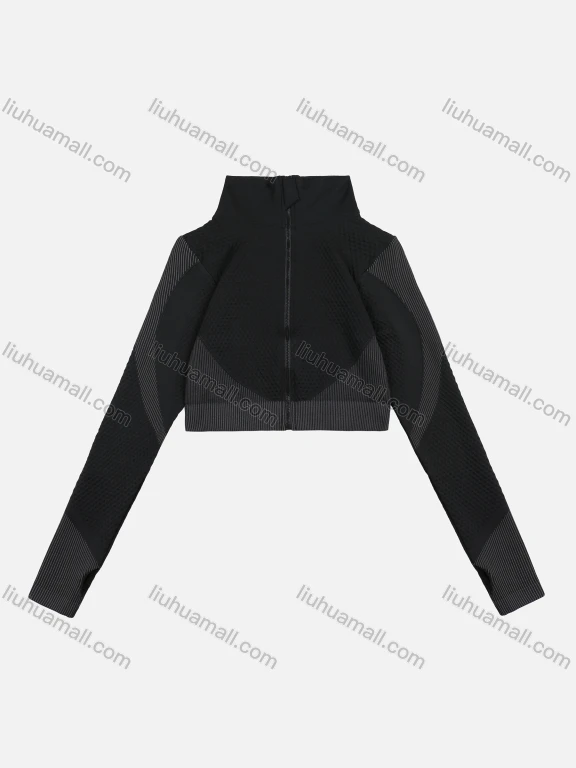 Wholesale Women's Casual Stand Collar Plain Splicing Striped Zipper Long Sleeve Knit Gym Crop Jacket