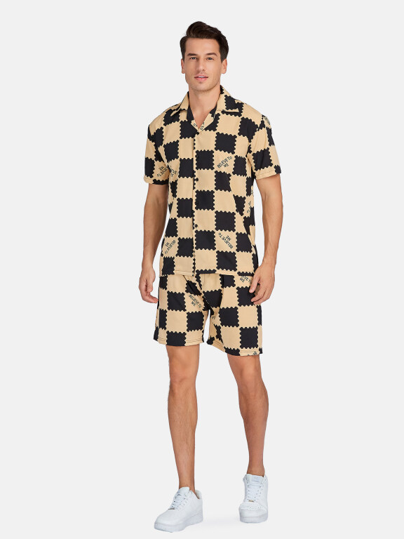 Men's Casual Checkerboard Short Sleeve Shirts & Side Pockets Shorts 2 Piece Lounge Set 802#, Clothing Wholesale Market -LIUHUA, MEN, Clothing-Sets