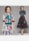 Wholesale Women's Elegant Tie Neck Button Front High Waist Floral Midi A-line Dress 2536# - Liuhuamall