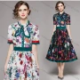 Wholesale Women's Elegant Tie Neck Button Front High Waist Floral Midi A-line Dress 2536# preview