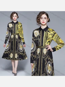 Wholesale Women's Elegant Collared Button Dwon High Waist Folk Art Midi A-line Dress 2623#, LIUHUA CLOTHING WHOLESALE