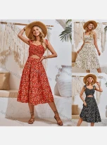 Wholesale Women's Elegant Floral Shirred Crisscross Cut Out Ruched Ruffle Hem Lace Up Cami Midi Dress, LIUHUA CLOTHING WHOLESALE