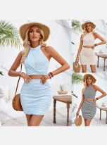 Wholesale Women's Trendy Striped Knit Sleeveless Halter Crop Top & Mini Skirts 2 Piece Sets, LIUHUA CLOTHING WHOLESALE