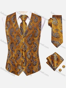 Wholesale Men's Formal Paisley Print Silky Waistcoat With Necktie & Kerchief & Cufflinks 4-piece Set, LIUHUA CLOTHING WHOLESALE