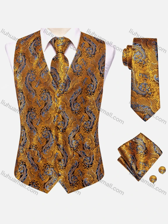 Wholesale Men's Formal Paisley Print Silky Waistcoat With Necktie & Kerchief & Cufflinks 4-piece Set