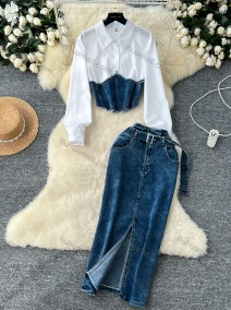 Wholesale Women's Elegant Plain Splicing Denim Button Down Shirt & Pocket Split Front Midi Skirts 2 Piece Sets With Belt, LIUHUA CLOTHING WHOLESALE
