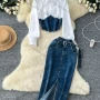 Wholesale Women's Elegant Plain Splicing Denim Button Down Shirt & Pocket Split Front Midi Skirts 2 Piece Sets With Belt preview