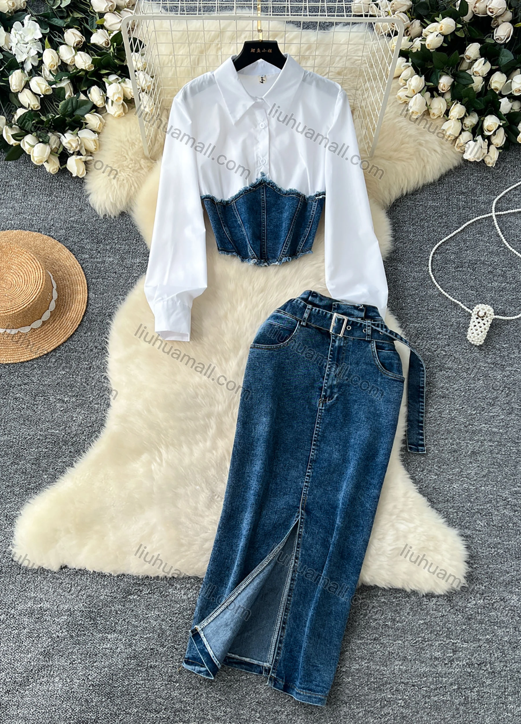 Wholesale Women's Elegant Plain Splicing Denim Button Down Shirt & Pocket Split Front Midi Skirts 2 Piece Sets With Belt - Liuhuamall