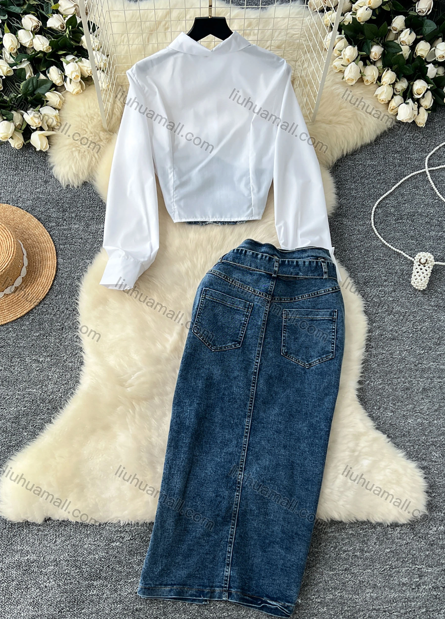 Wholesale Women's Elegant Plain Splicing Denim Button Down Shirt & Pocket Split Front Midi Skirts 2 Piece Sets With Belt - Liuhuamall