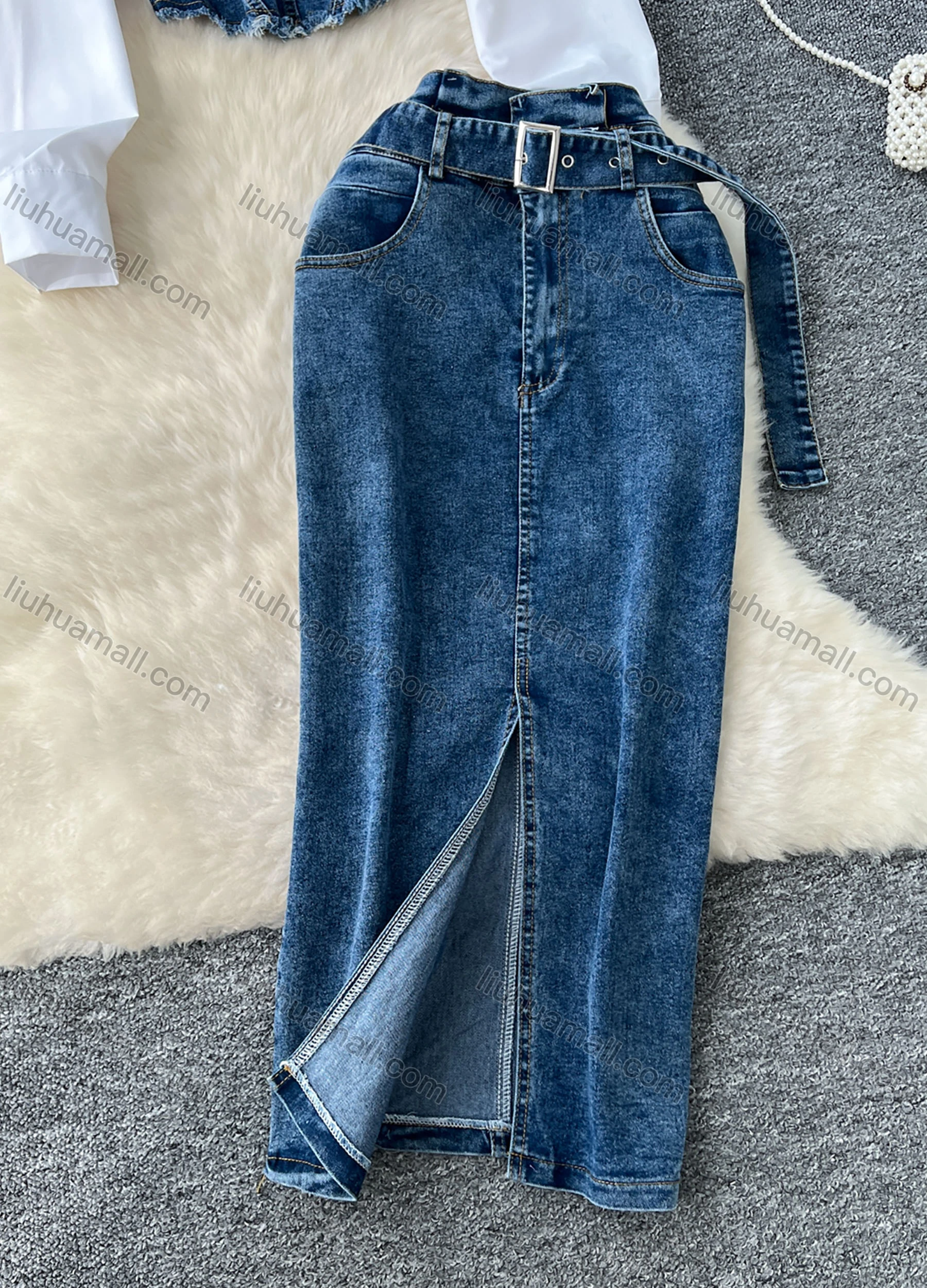 Wholesale Women's Elegant Plain Splicing Denim Button Down Shirt & Pocket Split Front Midi Skirts 2 Piece Sets With Belt - Liuhuamall