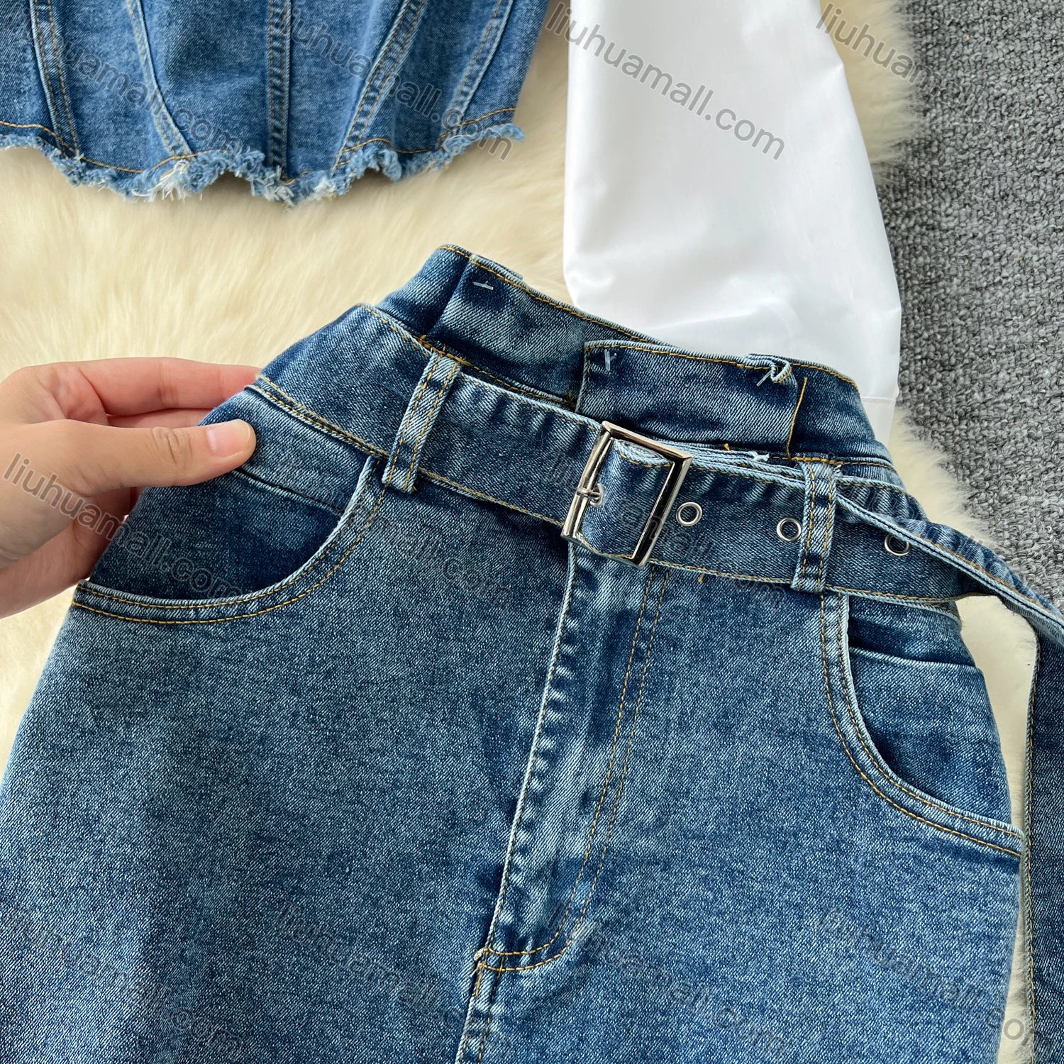 Wholesale Women's Elegant Plain Splicing Denim Button Down Shirt & Pocket Split Front Midi Skirts 2 Piece Sets With Belt - Liuhuamall