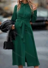 Wholesale Women's Casual Plain Collared Button Front Long Sleeve Midi Shirt Dress With Belt - Liuhuamall