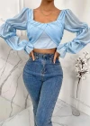 Wholesale Women's Square Neck Layered Poet Sleeve Ruched Open Back Plain Crop Blouse AY070# - Liuhuamall