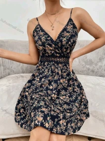 Wholesale Women's Sexy Deep V Neck Spaghetti Straps Floral Print Short Cami Dress, LIUHUA CLOTHING WHOLESALE