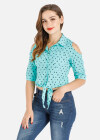 Wholesale Women's Polka Dot Cold Shoulder Lapel Knot Hem Crop Casual Shirt - Liuhuamall