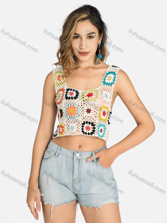 Wholesale Women's Boho Square Sleeveless Knitted Crop Tank Top