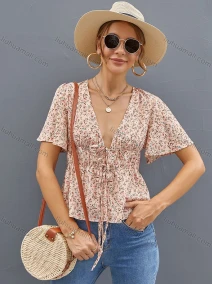Wholesale Women's Deep V Neck Floral Print Lace Up Short Sleeve Top A21077X#, LIUHUA CLOTHING WHOLESALE