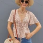 Wholesale Women's Deep V Neck Floral Print Lace Up Short Sleeve Top A21077X# preview