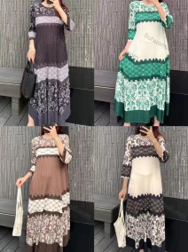 Wholesale Women's Casual Floral Splicing Crew Neck Ribbed 3/4 Sleeve Maxi Dress, LIUHUA CLOTHING WHOLESALE